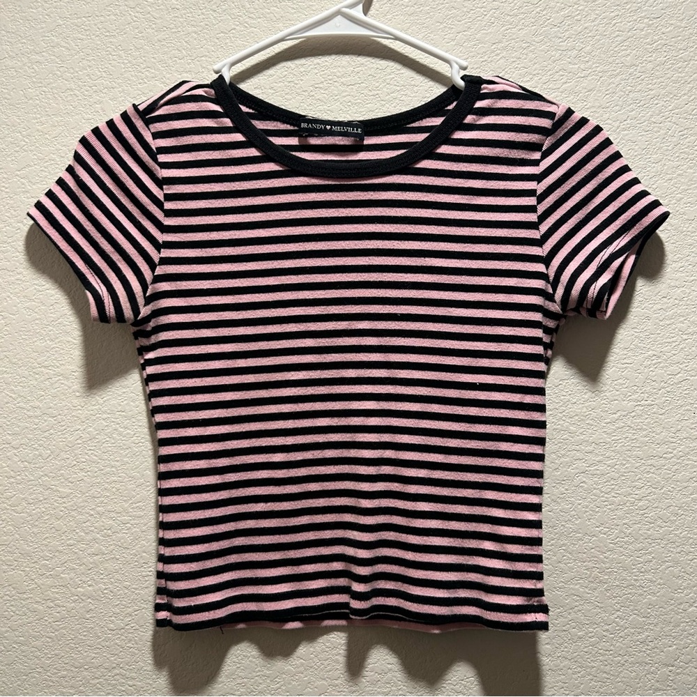 brandy melville pink and black striped baby tee